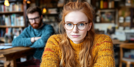 Confident, young Woman with Red Hair in, Colleague Blurred in Background, Possible Office Settingの素材