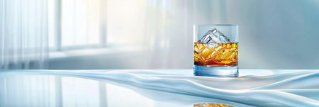 Studio shot of whiskey on the rocks in a glass tumbler against a bright background with copy spaceの素材