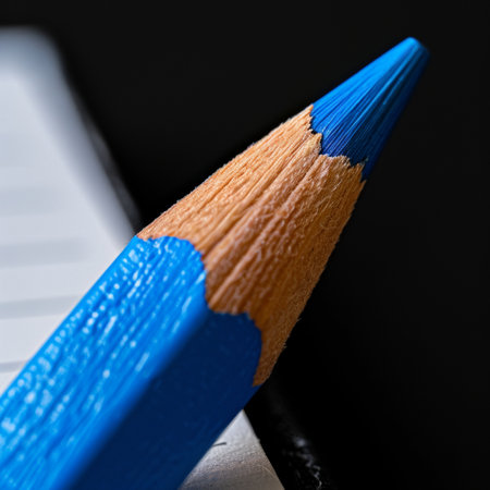Vibrant Blue Pencil Tip Poised Above Blank Notebook Page, Ready for Creative Inspiration.の素材