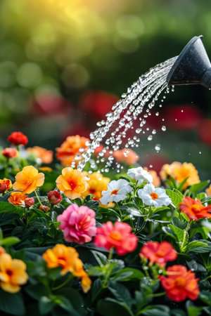 Vibrant Garden, Blossoming Flowers, Refreshing Water Shower, Colorful Flowerbed in Bloomの素材
