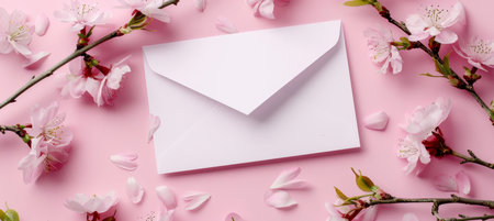 Blank Card Mockup on Pink Background with Spring Cherry Blossom Flowers, Flat Lay Designの素材