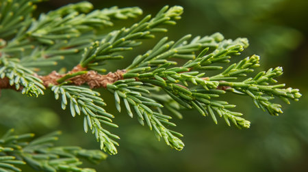 Close-Up View of Dense, Vibrant Green Thuja Foliage, Capturing the Beauty of Nature s Details.の素材