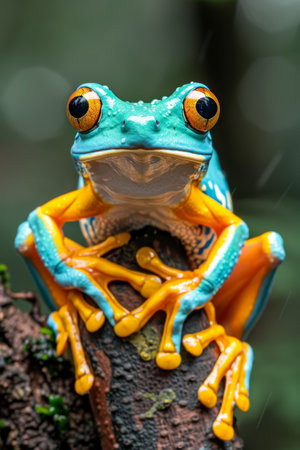 Vibrant Green and Orange Poison Dart Frog, Striking a Pose on a Mossy Branch in the Rainforestの素材