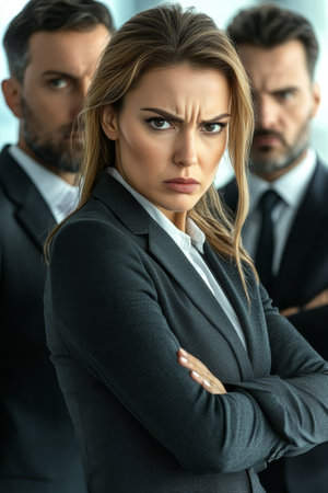 Unequal Struggle. Business Concept About Problem Of Sexism With Female Executive Under Pressure.の素材