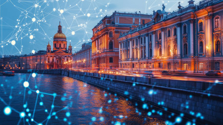 Historical Architecture On River Embankment, Digital Network, Smart City, St. Petersburgの素材