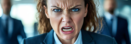 Furious Businesswoman In Office Environment, Close-Up Portrait Showing Intense Emotion And Angerの素材