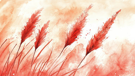 Abstract Watercolor Painting of Grasses, Peach and Orange Hues, Dreamy Textured Background Imageの素材