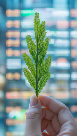 Close-up of hand holding artificial green plant against blurred stock market data backgroundの素材