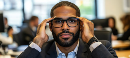 Frustrated Businessman With Headache in Busy Office, Feeling Stressed and Overwhelmedの素材