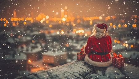 Santa Claus Taking a Break on a Snowy Rooftop with Presents, Overlooking Twinkling City Lightsの素材