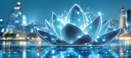Glowing, Wireframe Lotus Flower Symbolizing Spirituality and Technology in a Cityscape at Nightの素材