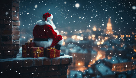 Santa Claus taking a break On a Rooftop with presents, Overlooking a Snowy City at Christmasの素材