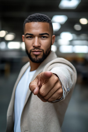 Confident, Stylish Black Male Model in Casual Business Attire, Pointing Finger in Emphatic Gestureの素材