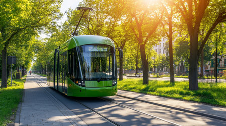 Modern Green Tram Driving Through Lush City Park, Promoting Sustainable Urban Transportationの素材
