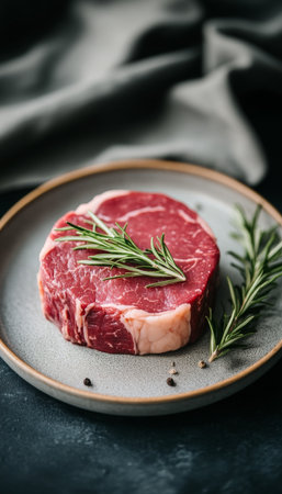 Raw Ribeye Steak with Rosemary Herb Garnish on Rustic Plate, Prime Cut of Beef Ready to Grillの素材