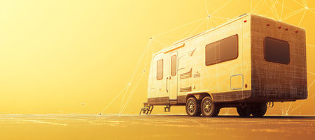 Digital Recreational Vehicle On Abstract Yellow Background. Leisure Transport, Technology Networkの素材