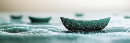 Digital Boat On Green Blockchain Data Background Leadership Innovation Network Businessの素材