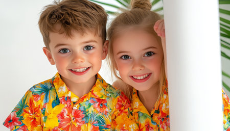 Two Young Siblings, Happy Boy and Girl, in Matching Outfits, Posing and Smiling Behind a Wallの素材