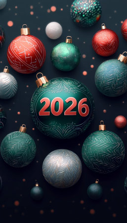 Christmas greeting card template - 2026 against a scattering of shiny blue and green toysの素材