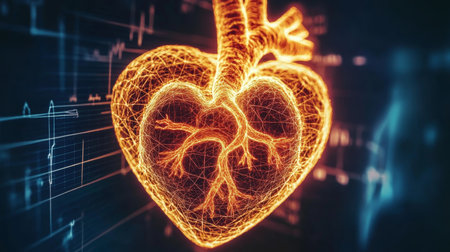 Glowing Anatomical Heart, Intricate Network, Dark Technological Background, Medical Illustration.の素材