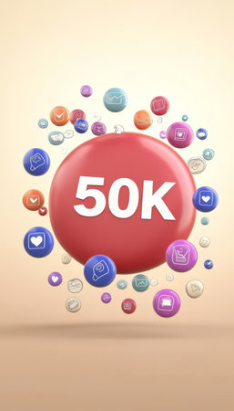 50K Followers Celebration Social Media Milestone with Colorful Icons on a Pastel Backgroundの素材