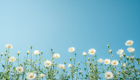 White Flowers, Green Foliage, And Unopened Buds Under A Bright Blue Sky, Nature Backgroundの素材