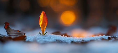 Lone Crocus Pushing Through Snow, Symbol of Hope and Renewal, Spring Season Awakeningの素材