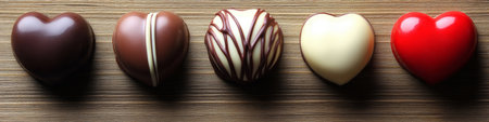 A Row of Five Delicious Heart-Shaped Valentine s Day Chocolates on a Rustic Wood Tableの素材