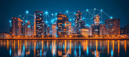 Connected Cityscape At Night With Network, Big Data, Iot, And Communication Technology Concept.の素材