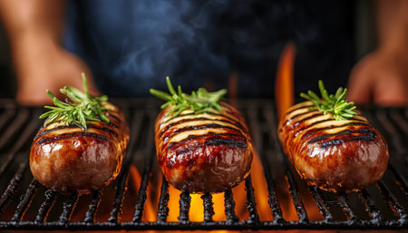 Grilled Sausages With Rosemary on the Barbecue Grill With Fire Flames On Dark Backgroundの素材