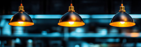 Three Illuminated Black And Gold Hanging Ceiling Lights Against A Blurred Restaurant Backgroundの素材