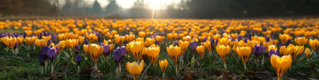 Vibrant Field of Blooming Crocuses Bathed in Golden Sunlight, Spring Floral Backgroundの素材