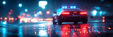 Police Cruiser with Flashing Lights Patrolling Rainy City Street at Night Automotive Photography.の素材