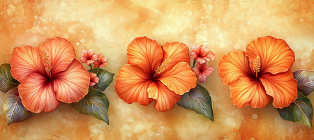 Three Light Orange Watercolor Hibiscus Flowers on Soft Gradient Background, Warm Lightの素材