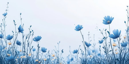 Delicate Blue Wildflowers, Pastel Turquoise Watercolor Floral Illustration, Soft Backgroundの素材