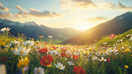 Wildflower Meadow In The Mountains, Scenic Landscape With Sunset Light Over Dramatic Mountain Peaks.の素材