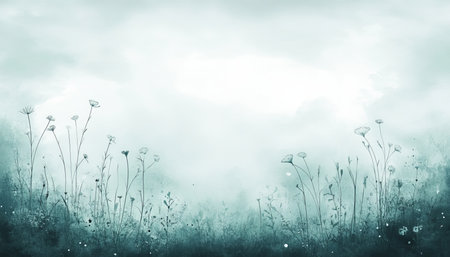 Teal Watercolour Background, Elegant Grass Silhouettes, Delicate Leaves, Airy, Soft Texture, Dreamyの素材