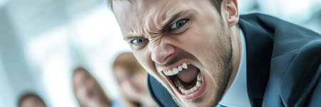 Angry Male Manager Shouting In Office, Closeup, Professional Setting Business Conflictの素材