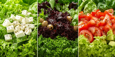 Fresh And Vibrant Green Salads. Closeup Collage Of Three Healthy And Delicious Food Options.の素材