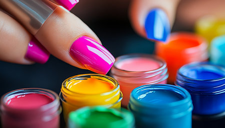 Vibrant Nail Polish Collection Woman Applying Bright Pink Color, Perfect for Beauty Promotionsの素材