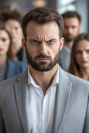 Serious Businessman, Stern Expression, Intense Gaze, Group of People, Office Setting.の素材
