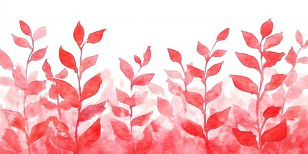 Abstract Watercolor Floral Design With Delicate Red Leaves on a Pale Orange Textured Backgroundの素材