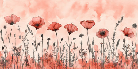 Watercolor Peach Wildflower Field, Soft Floral Background, Dreamy Atmosphere, Gentle Texturesの素材