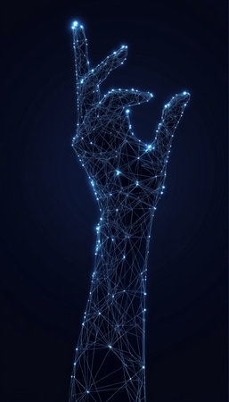 Digital Hand Reaching for Interconnected Dots Network on Blue Background, Vector Illustration.の素材