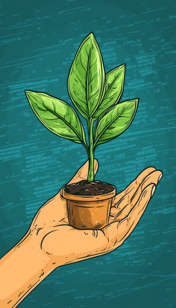 Sustainable Future, Growing Hope. Vector Illustration of a Hand Gently Holding a Young Plant.の素材