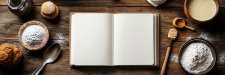 Open Recipe Book Mockup, Flour, Yeast, and Sweet Bread, Top View on Rustic Wooden Table Backgroundの素材