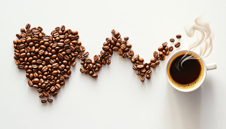 Coffee Love Steaming Cup and Heartbeat Line Created with Roasted Coffee Beans on White Backgroundの素材