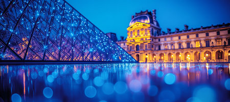 Parisian Lights and Landmarks Louvre Museum Reflected in Water with Bokeh Effect,, Evening Sceneの素材