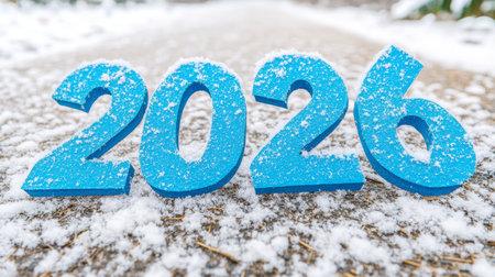 Snowy Road to 2026 Bright Blue Numbers Mark the New Year on a Path Covered in Fresh Winter Snowの素材