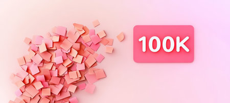 Celebrating 100K Scattered Pink Square Notes and a Festive Banner on a Pastel Backgroundの素材